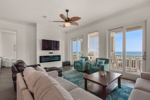 TV, fireplace, video games, foosball