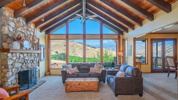 Télévision, cheminée, table de tennis de table, livres