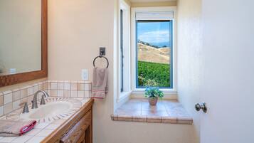Combined shower/tub, hair dryer, towels, soap