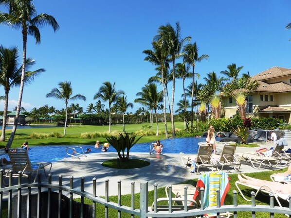 A resort pool area with palm trees, lounge chairs, and a clear blue sky.
