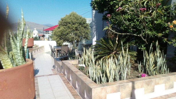 Un patio con suelo de baldosas, una mesa con sillas y varias macetas con plantas.