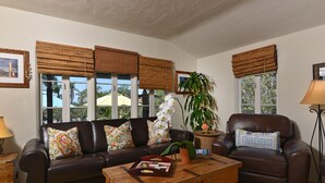A living room with a brown leather sofa, a wooden coffee table, and a brown armchair. There are two windows with bamboo blinds, a potted plant, and a framed picture on the wall.
