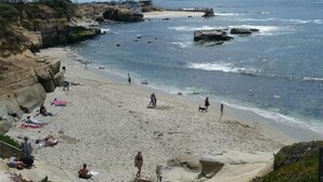 A beach with people sunbathing and swimming, rocky cliffs, and a pier in the background.