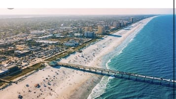 On the beach, sun loungers, beach towels