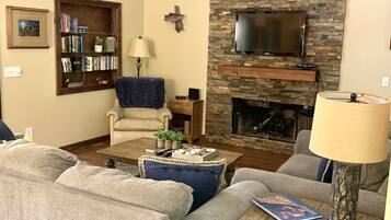 TV, fireplace, video library