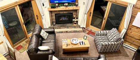 Smart TV, fireplace, video games, DVD player