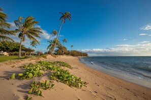 Na praia, espreguiçadeiras, toalhas de praia 