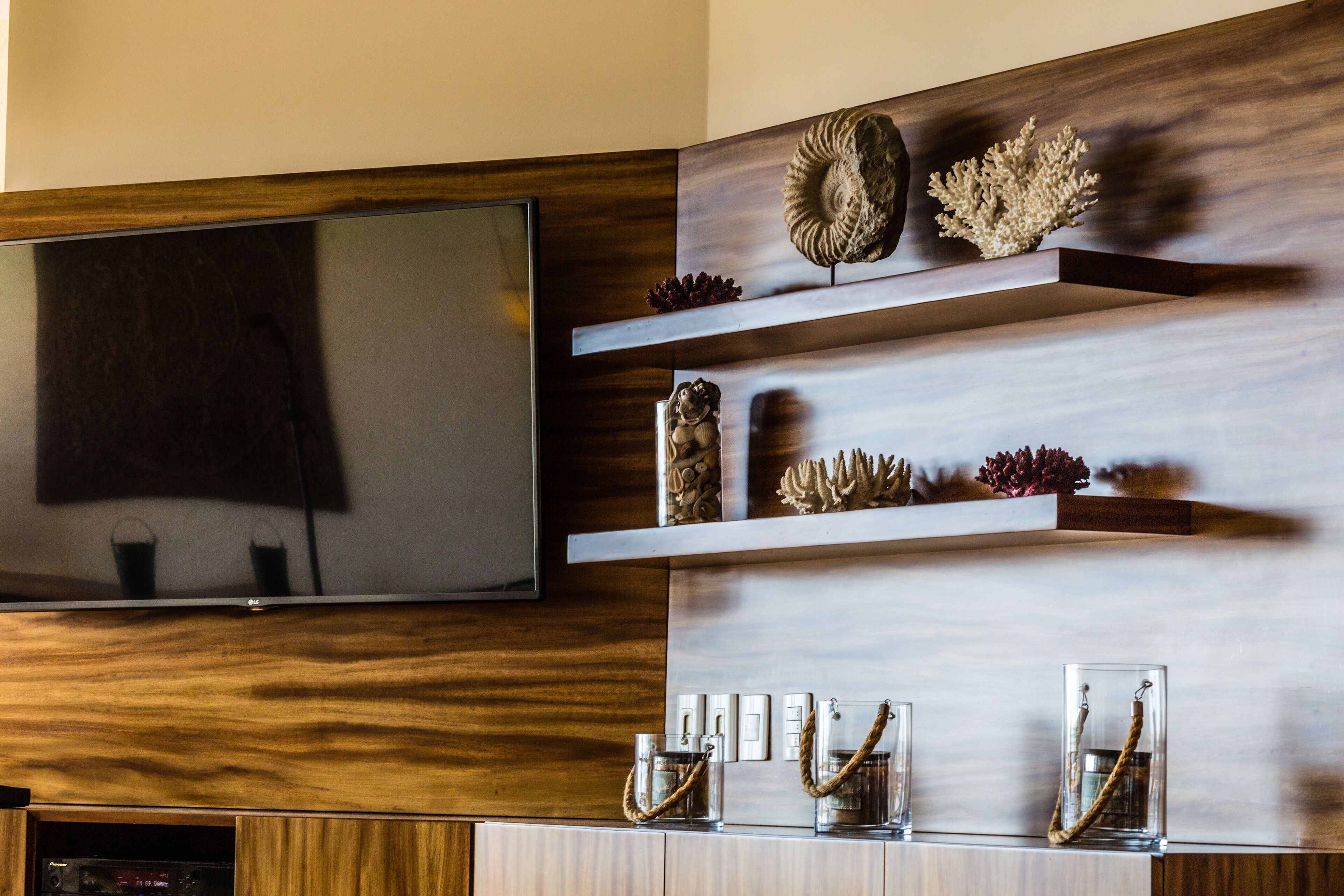 A modern living room with a flat-screen TV mounted on a wooden wall, decorative shelves with shells and a small statue, and a glass cabinet with rope handles.