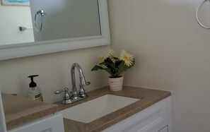 Ein Badezimmer mit einem weißen Waschbecken, einem Spiegel darüber, einem Wasserhahn, einer Seifenspender und einer Blumentopf mit Blumen.
