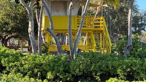Une tour de surveillance jaune, dotée d’un toit, entourée d’une végétation luxuriante et d’arbres.