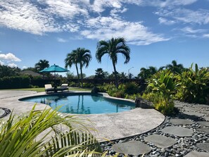 A swimming pool with a curved edge, surrounded by a stone pathway and palm trees.