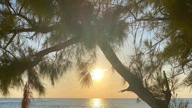 A beach with a clear view of the ocean and a sunset.