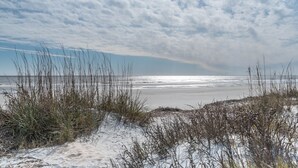 A beach with sand dunes and sparse vegetation. - The Misty Breeze! Cabana Club, Ocean View, Golf Cart  (Fripp Island)