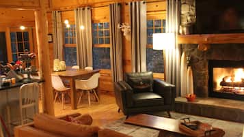 TV, fireplace, DVD player, books