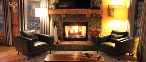 Televisión, chimenea, reproductor de DVD, libros