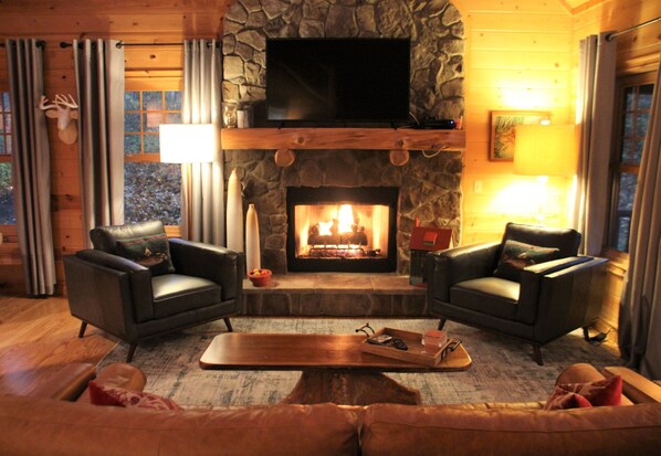 TV, fireplace, DVD player, books