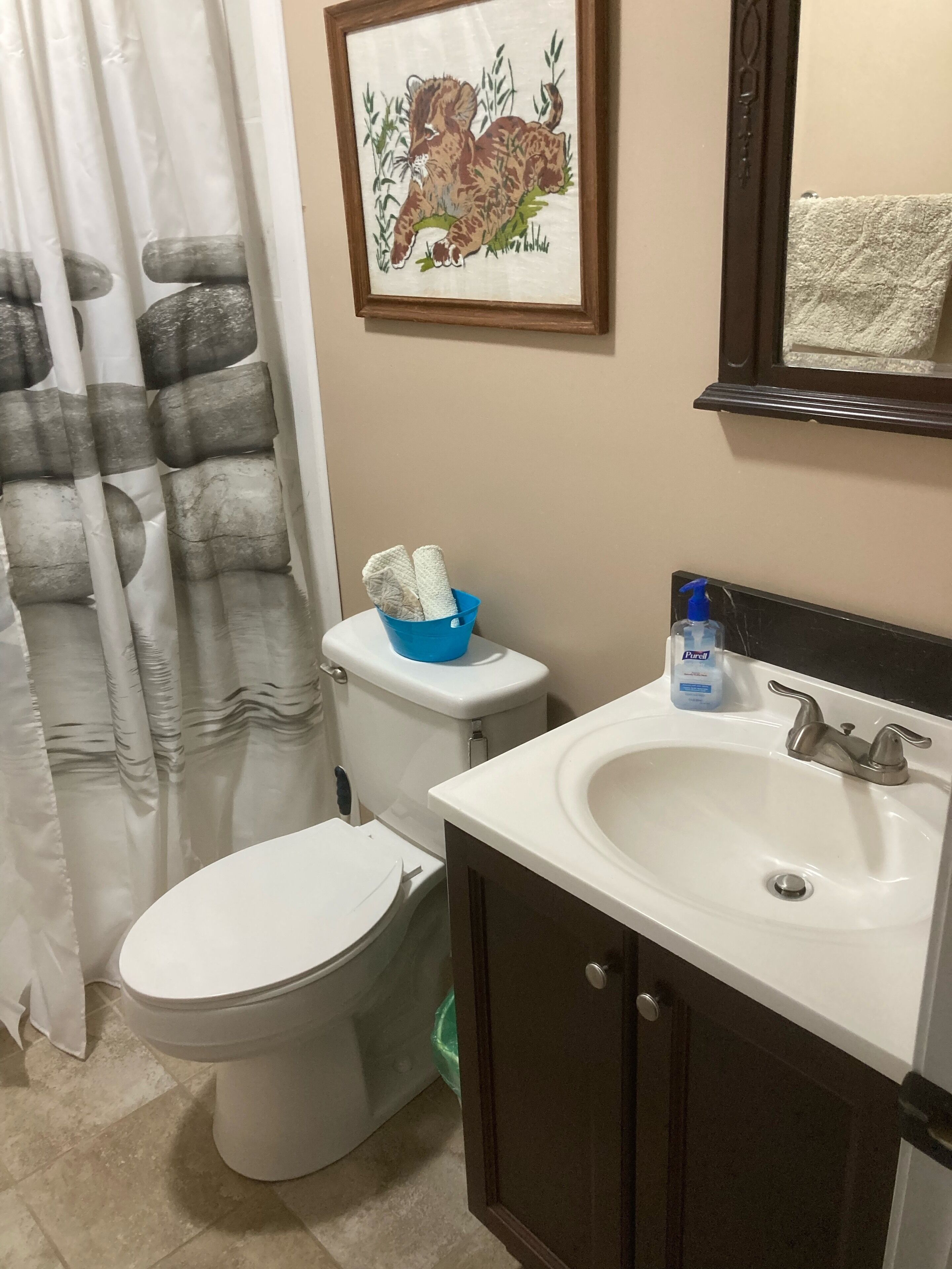 A bathroom with a toilet, sink, and a framed picture on the wall.