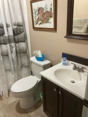 Ein Badezimmer mit Toilette, Waschbecken und einem gerahmten Bild an der Wand.