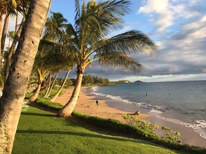 On the beach, sun-loungers, beach towels