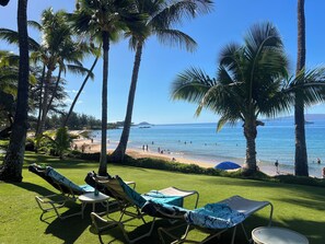 On the beach, sun-loungers, beach towels - Beachfront Bungalow with Stunning Ocean Views at Hale Pau Hana on Kam II Beach. (Kihei)