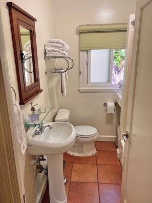 Combined shower/tub, hair dryer, towels, soap