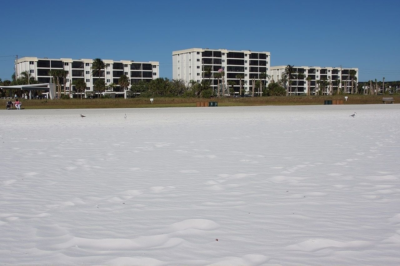 A beachfront hotel with multiple floors and balconies, a sandy beach in the foreground, and palm trees in the background.
