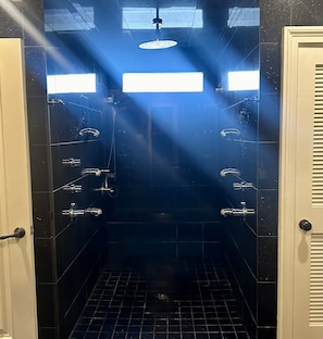 Bathtub, jetted tub, hair dryer, towels