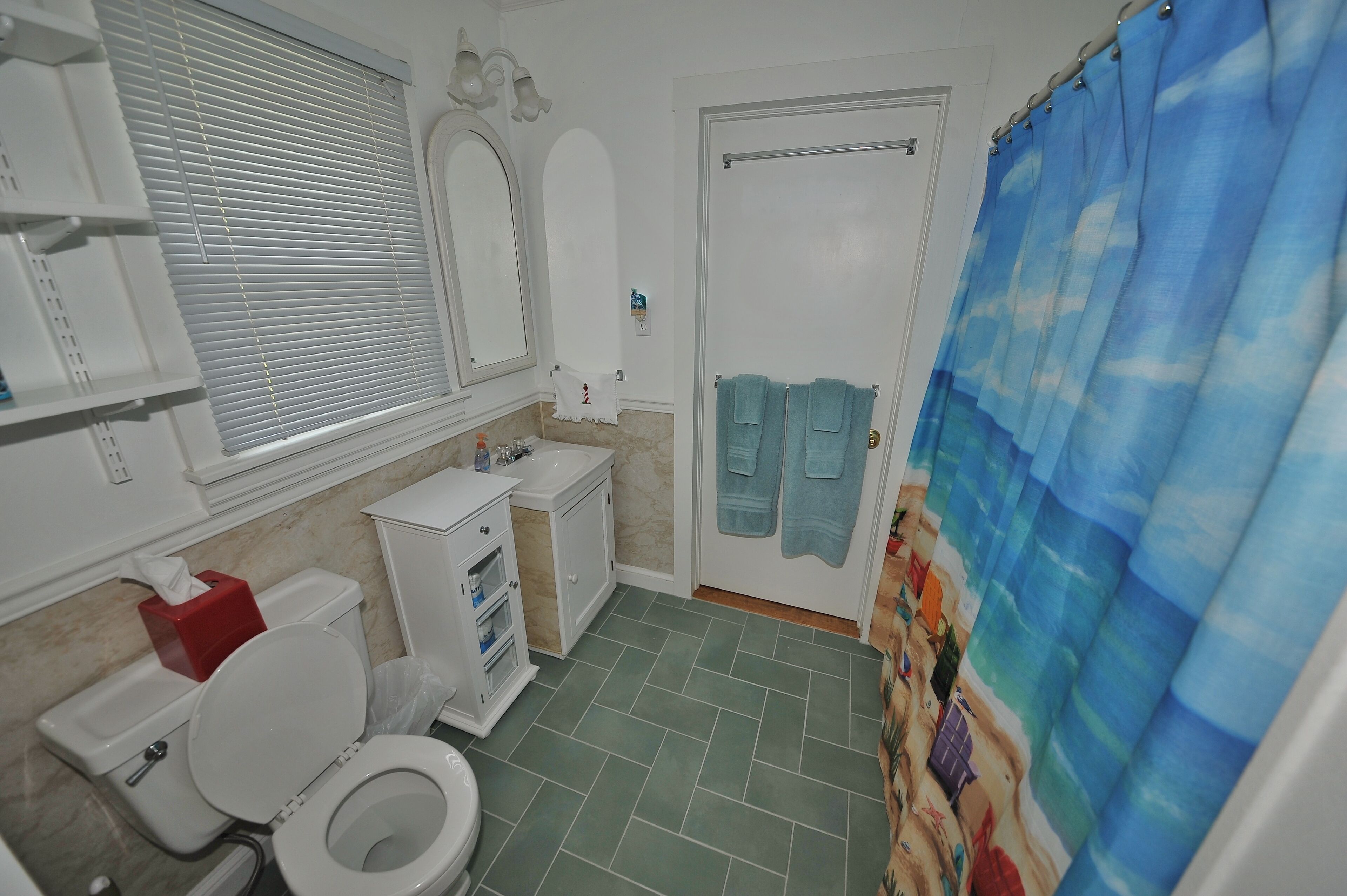 Een badkamer met toilet, wastafel, spiegel en douchegordijn.