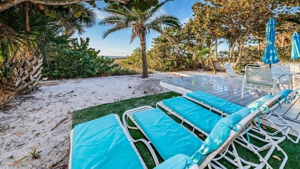 A beachside lounge area with sun loungers, a palm tree, and a view of the ocean. - Su Casa 5BR Beachfront Cottage in Indian Rocks (Indian Rocks Beach)