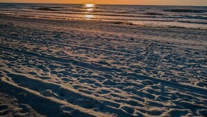 A beach with the sun setting over the horizon, creating a silhouette of the landscape. - Su Casa 5BR Beachfront Cottage in Indian Rocks (Indian Rocks Beach)