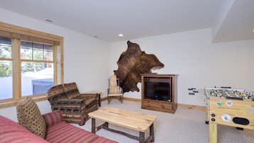 TV, fireplace, DVD player, foosball