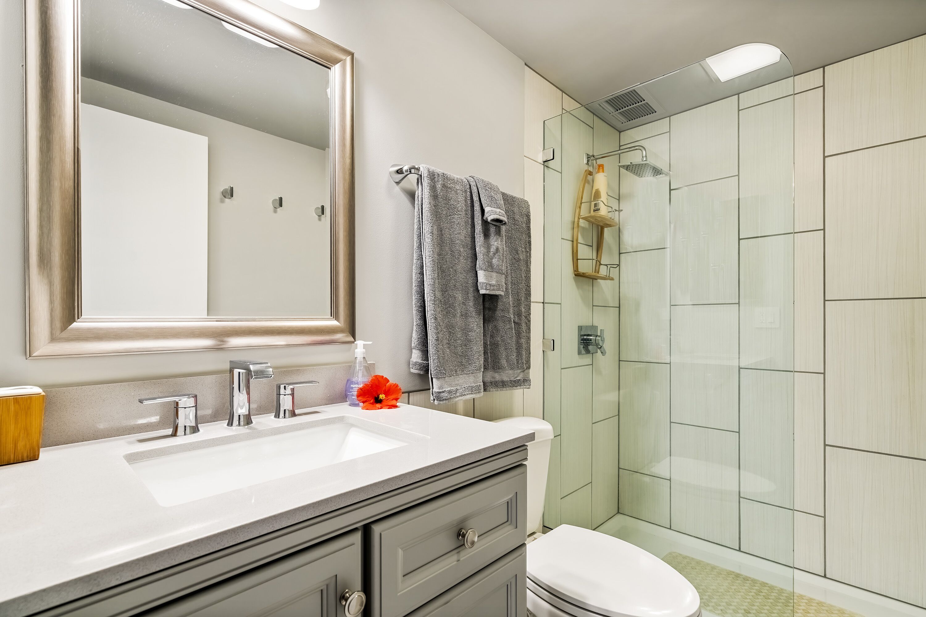 Shower, hair dryer, towels, soap