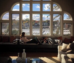 Smart TV, fireplace, books