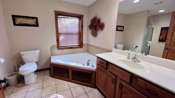 Combined shower/bathtub, jetted bath, hair dryer, towels