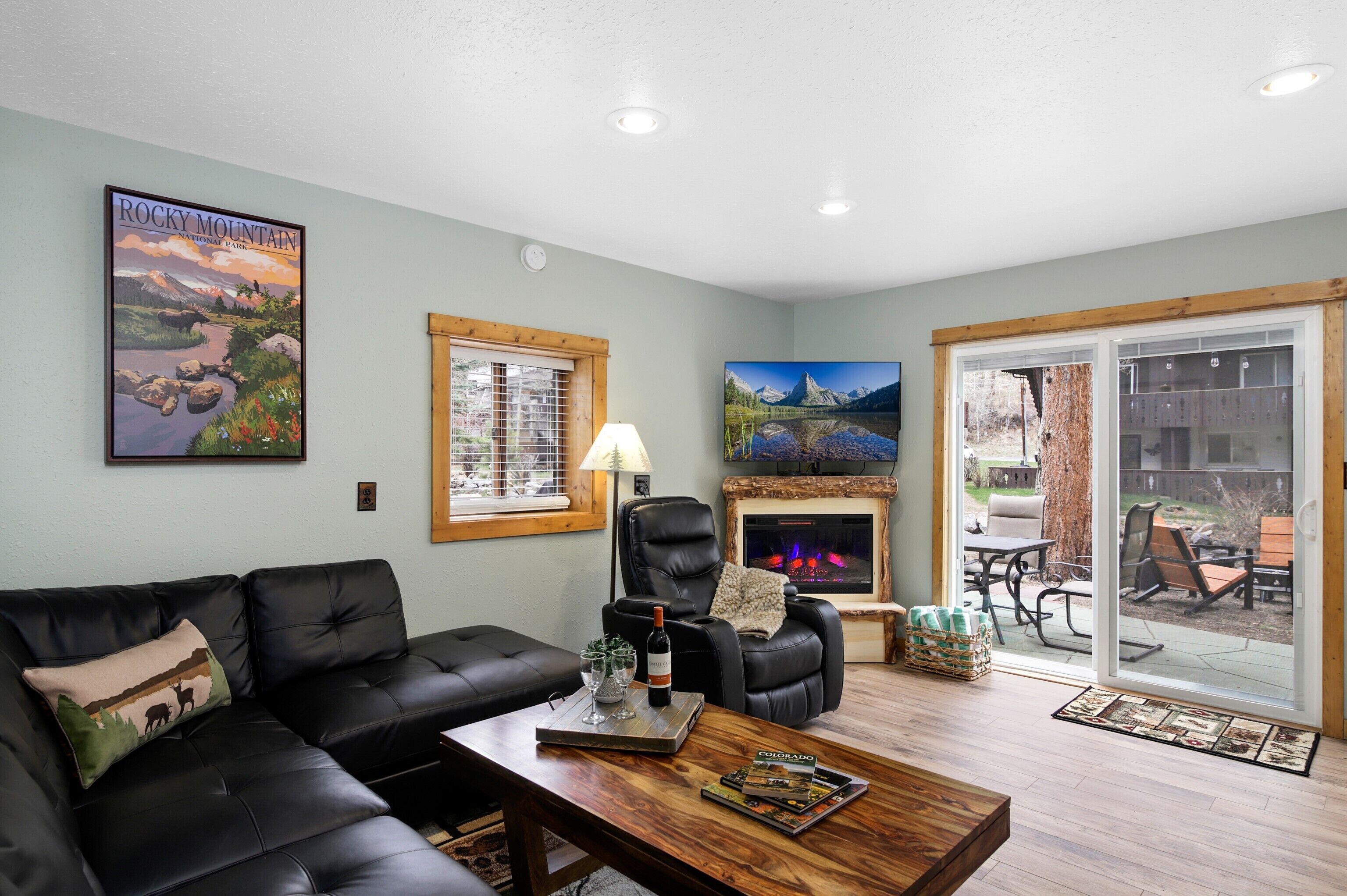 Smart TV, fireplace, video games, DVD player