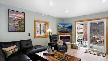 Smart TV, fireplace, video games, DVD player