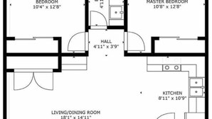 A floor plan with a master bedroom, two standard bedrooms, a living/dining room, a kitchen, a bathroom, and a hall.