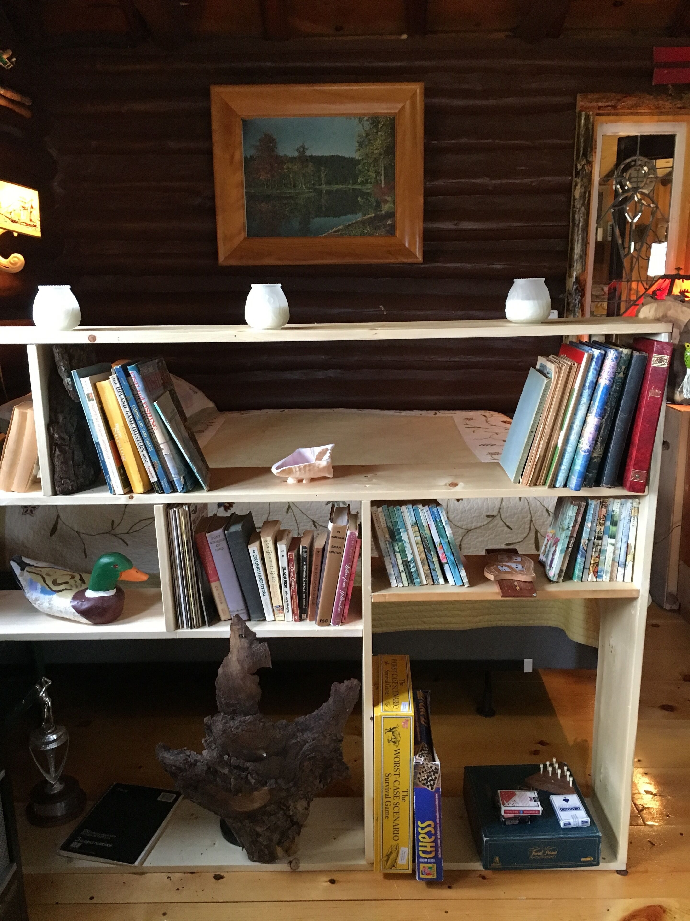 A cozy cabin interior with wooden shelves filled with books and a framed painting on the wall.
