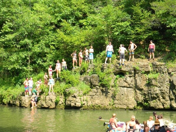 A group of people standing on a rocky ledge by a body of water, surrounded by greenery.