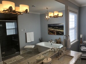 Combined shower/tub, hair dryer, towels