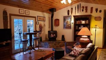 Smart TV, fireplace, DVD player, books