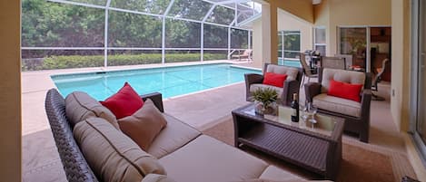 Outdoor pool, a heated pool, pool loungers