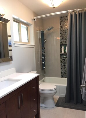 Combined shower/tub, rainfall showerhead, hair dryer, towels - Single Story Ranch w/ Pool - 2.5 Acres close to Sonoma Square and Sonoma Raceway (Sonoma)