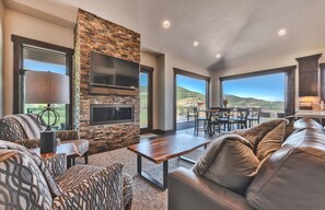 Télévision, cheminée, lecteur de DVD, chaîne hi-fi