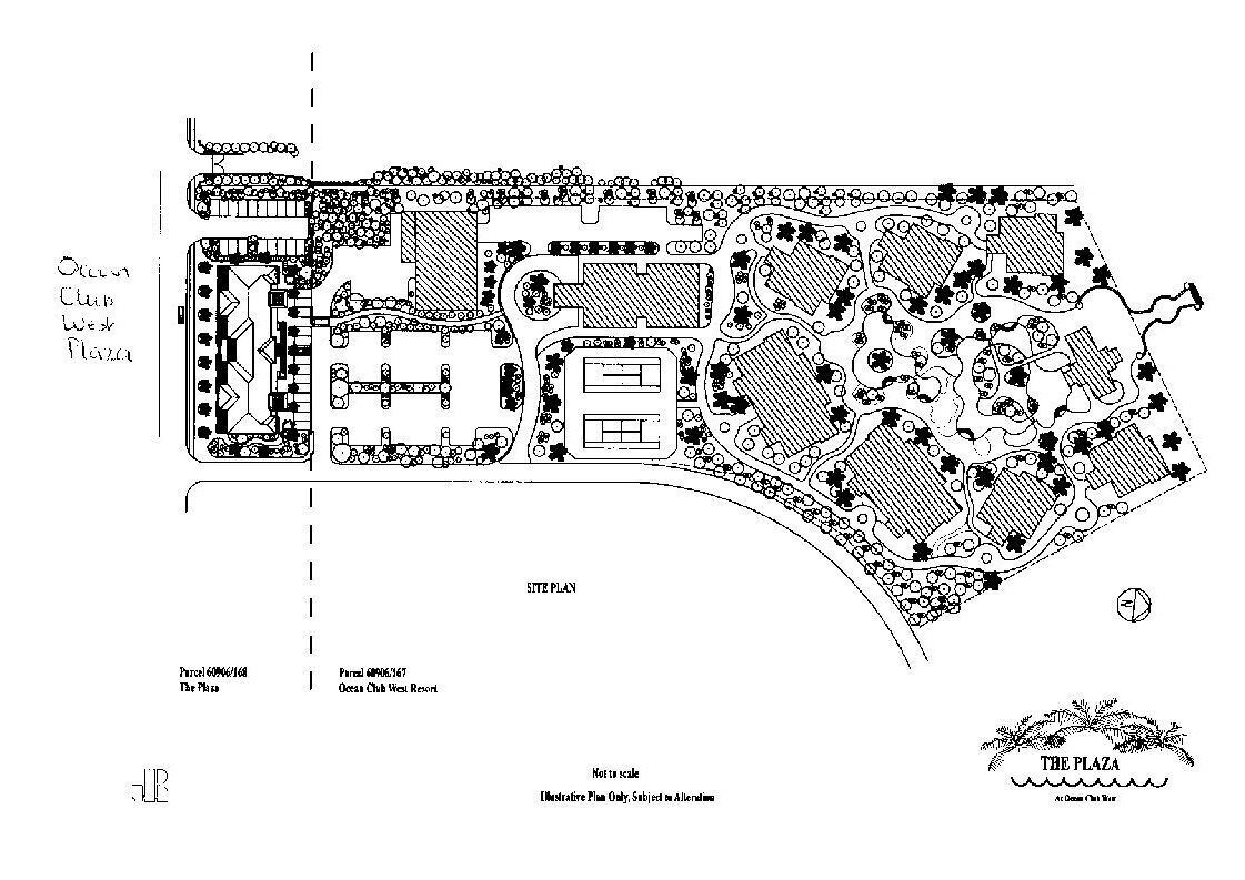 The Plazan alueen asemapiirros, johon sisältyy Ocean Club West Resort -lomakeskus sekä erilaiset rakennukset ja maisemoidut alueet.