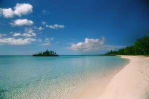 Une mer d’un bleu turquoise éclatant, une plage de sable et une petite île couverte de végétation.