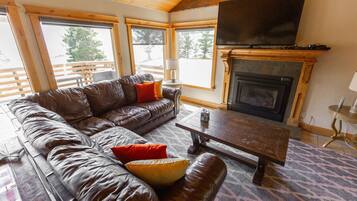 Televisio, takka, DVD-soitin, kirjoja