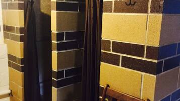 Combined shower/tub, hair dryer, towels, soap