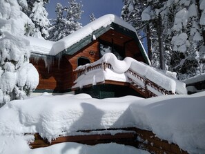 A wooden cabin with a sloped roof covered in snow, surrounded by snow-laden trees.