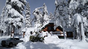 Un albergue cubierto de nieve con fachada de madera, rodeado de árboles cargados de nieve.